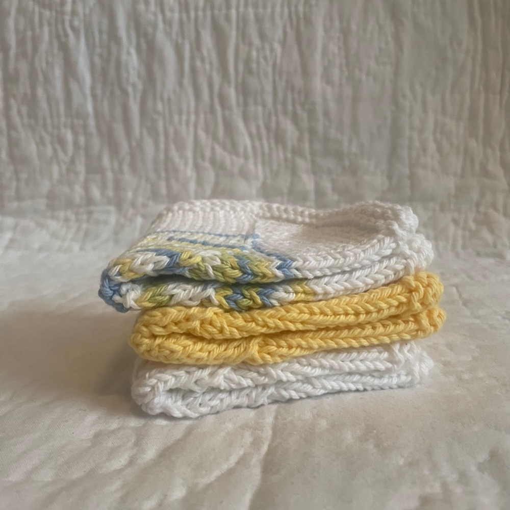 Set of three knitted dishcloths/washcloths
